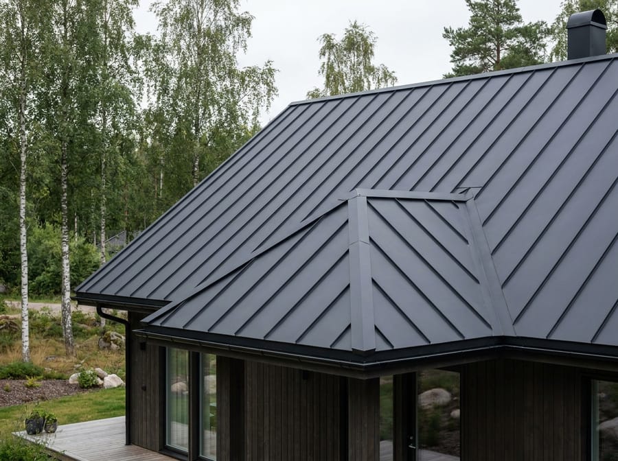 Nylagt plåttak med raka fållar, typiskt för Takfasts plåttaksjobb.