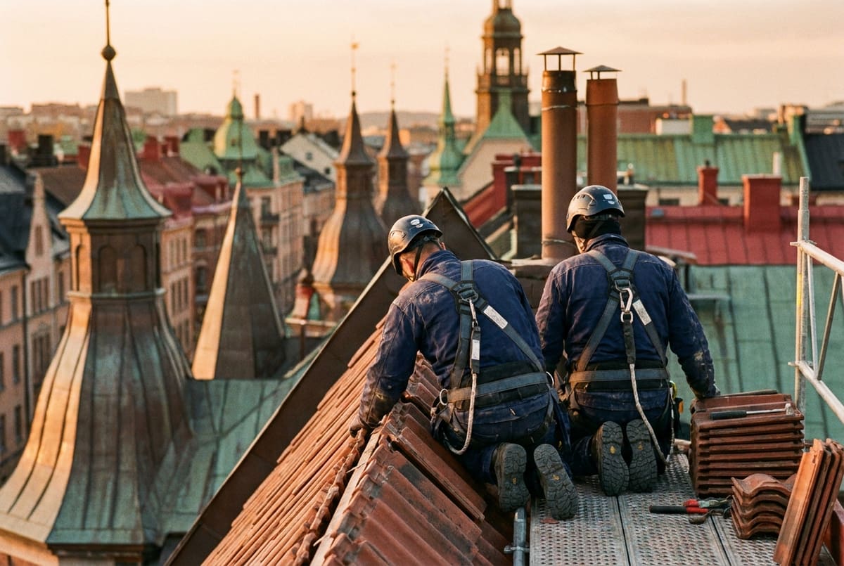 Två takläggare från Takfast sitter på ett tak med utsikt över Stockholms tak i kvällsljus.